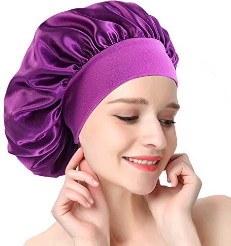 Hair Bonnet for Sleeping, Wide Elastic Band Satin Bonnet Silk Bonnet Shower Cap for Women Girls, Makeup Hair Care Sleeping Hat Elastic Hat Hair Bonnet for Night Sleep Curly Hair Protection-Purple
