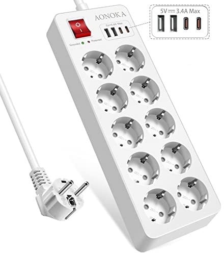 Mehrfachsteckdose mit USB C,10-Fach Steckdosenleiste Überspannungsschutz,10er Steckerleiste Wandmontage mit Schalter, USB Mehrfachstecker für Steckdose, Steckdosenadapter 1,5m Kabel Weiß
