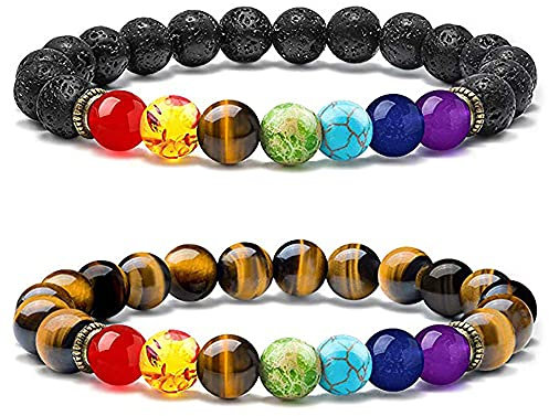 Senidea 7 Chakra Armband für Damen Herren mit Lavastein und Tigerauge, Natürliche Energiesteine für Yoga und Meditation, 8mm