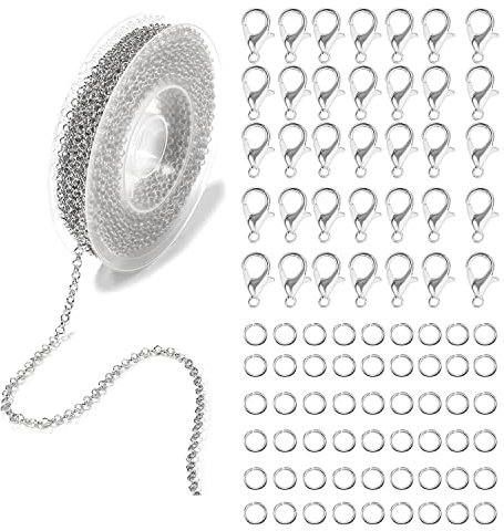 CONNECTION 9M Ketten Basteln Gliederkette Kupfer Gliederkette Legierung DIY Link Kette mit 50 12mm Karabinerverschluss und 100 4mm Biegeringe für Männer FrauenOrnamente DIY Schmuckherstellung, Silber