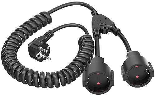 Schuko Spiralkabel Verlängerung 3m mit 2 Steckdosen, 16A 4000W max, 3x1.0mm², PVC/PU, Schwarz - Dehnbar von 0.8m bis 1.5m