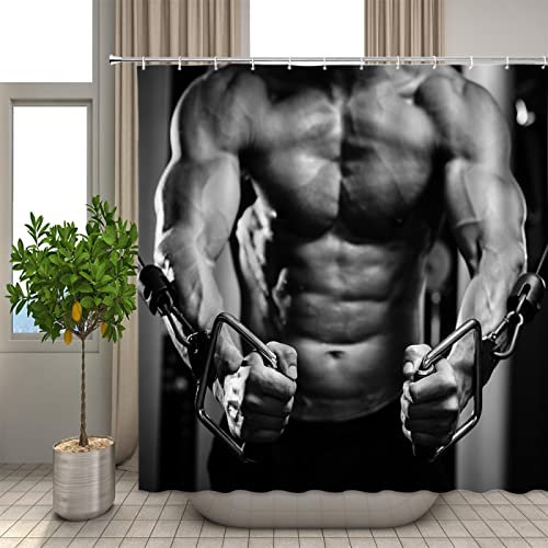 REECES Sexy Nackt Duschvorhang 180x180 cm 3D Fitness-Mann Duschvorhang Antischimmel Textil Duschvorhang Polyester Stoff Wasserdicht Duschvorhänge für Badezimmer, Bad Vorhang mit 12 Haken