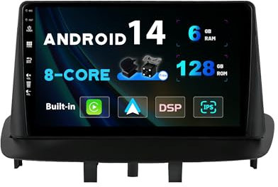 SXAUTO - 6G+128G - Android 14 IPS Autoradio para Renault Megane 3 (2008-2014) - Inalámbrica CarPlay/Android Auto/DSP - LED Cámara + Mic - Dab 360-CAM Volante Fast-Boot WiFi AHD - 9 Pulgada 2 DIN