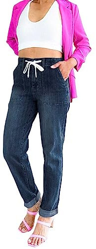 Jean coupe droite pour femme - Taille élastique - Pantalon long en denim avec cordon de serrage - Décontracté, Bleu (02)., XXL