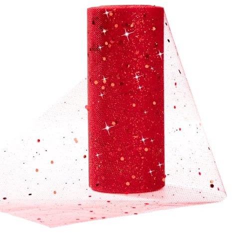 Rouleau de Tulle 15cm x 25Yards Bobine de Tulle avec Paillettes Tulle Ruban pour Décoration Chemin Table Mariage Emballage Tutu Banquet Jupe DIY Rouge