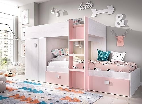 Composizione Camera da Letto Cevedale, Cameretta Completa, Composizione Letto a Castello con Due lettini Singoli, 271x111h150 cm, Bianco e Rosa