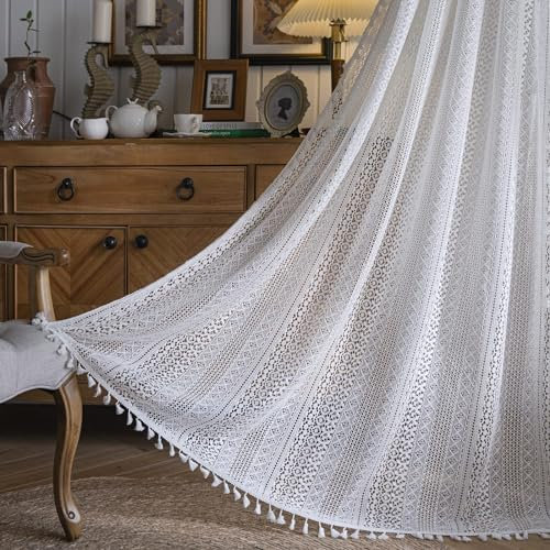 Sutuo Home Boho-Vorhänge, Häkelspitze, halbtransparent, Boho-Stil, gestrickt, handgefertigte Quasten, Stangendurchzug, Fensterdekoration, Vintage, rustikal, Landhaus-Vorhänge für Glasschiebetür, 1