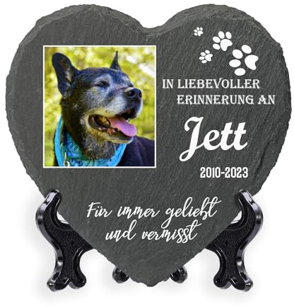 AIGAT Personalisierbare Herz Gedenktafel 25 x 25 cm mit Name, Datum, Foto und Ständer für Haustier Katze Hund Schiefer Stein Pfote Grabmal - Großes Foto