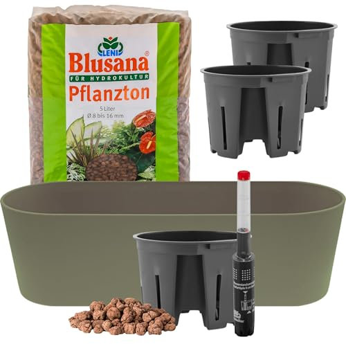 Leni Flori Jardiniere Blumentopf länglich 36 cm kapern/grün Hydrokultur-Komplett-Set mit Übertopf Hydro-Töpfen Wasserstandsanzeiger & Pflanzton