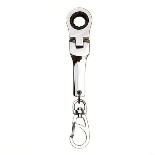 Small 10 mm Ratchet Wrench, Portable Wrench with Keyring, 180 Degree Rotatable Ratchet Combination Spanner (Matte Silver)