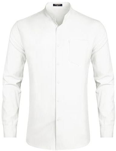 HISDERN Grandad Shirt for Men White Shirts Long Sleeve Wedding Business Collarless Shirts for Men Button Down M