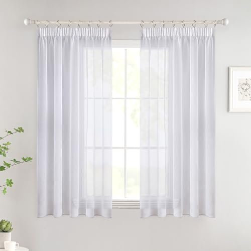 Woaboy Gardinen mit Kräuselband Kurz Fenster Voile Vorhänge Wohnzimmer Transparent Sheer Curtains Stores Gardine Schlafzimmer Modern Schlaufengardinen 2er Set 140x160cm (BxH) Weiß