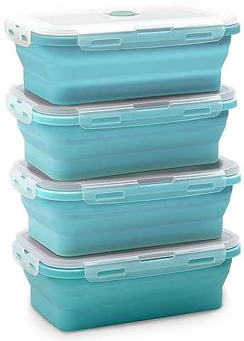 Alimat PluS 4 Pack Silicone Collapsible Food Containers 1200ml, Blue | Reusable Meal Prep Lunch Containers with Lids, Microwave, Freezer and Dishwasher Safe