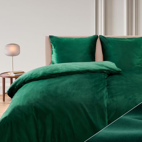 Blumtal Bettwäsche 135x200 cm Cashmere-Touch Plüsch 2er Set - Oeko-TEX zertifizierte Bettwäsche warm 135x200 2X + Kissenbezug 80x80 2X - Winterbettwäsche 135x200 4teilig - Bettwäsche 135x200 - Grün