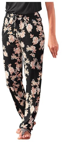 Summer Boho Women's Beach Trousers - Drawstring Elasticated Waist Lounge Pants with Vintage Floral Print in Linen - Baggy Harem Hippie Pants with Pockets (Black, XXL)