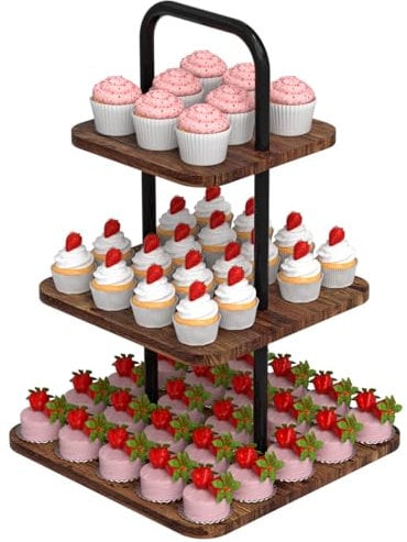 VyGrow 3-Tier Cupcake Stand Wood & Metal Tower Display Premium Holder Dessert Tree Tower for Birthday Cady Bar Decor Weddings, Party Serving Tray, Square Display