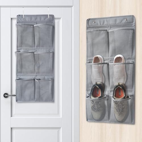 Domemit Portascarpe da Appendere Camper, Roulotte Accessori Interni Organizzatore Pensile per Armadio, 6 Ampie Tasche in Rete, Autoadesivo Portascarpe Salvaspazio, Grigio-argento