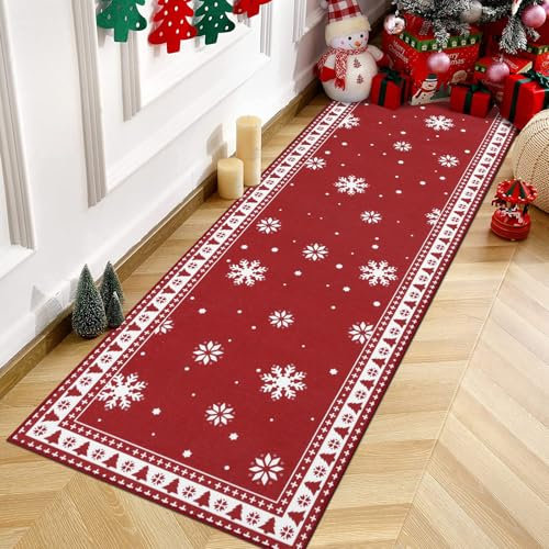 Enyhom Weihnachtsteppich Läufer 80 x 200 cm Weihnachten Teppich Flur rutschfest Weihnachten Küchenteppich Hochwertig rutschfest Flur Eingangsbereich für Küchen Wohnzimmer Schlafzimmer