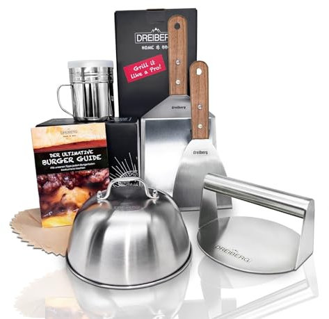 DREIBERG® Smash Burger Set aus Buchenholz & Edelstahl für Plancha, Gasgrill, Teppanyaki inkl. Grillspachtel Set, Burgerpapier, Schmelzglocke, Grillpresse, Gewürzstreuer und Rezeptbuch (7-TLG.)
