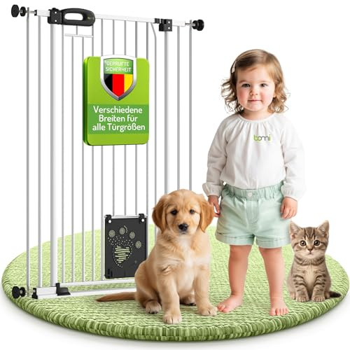 BOMI Tierschutzgitter Merle| Treppenschutzgitter ohne Bohren| Ideal als Absperrgitter Hund, Katzengitter Tür & Welpenzaun | Extra Enge Stäbe | Hundegitter Wohnung weiß Metall | Breite: 103-113 cm