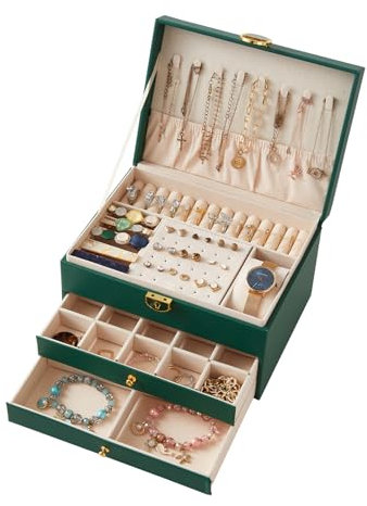 Warmiehomy 3 Tier Jewellery Box Jewellery Organiser with 2 Drawers Large Leather Jewellery Box Lockable Necklace Earring Ring Bracelets Storage Jewelry Box with Removable Dividers For Women (Green)
