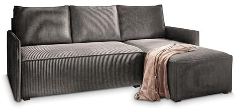 Masseno Ecksofa PERUSI mit Schlaffunktion L-Form, Sofa mit Bettkasten, Wohnzimmersofa, Couch, Soffa, Bettsofa, Couchgarnitur- Graphitfarben, POSO 34