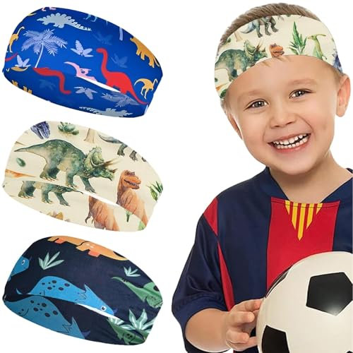 CJQRL 3 Piezas Diadema Deportiva para Niños, Diadema Transpirable, Diademas para El Cabello De Dinosaurio, Diadema Turbante Elástica para Correr, Andar En Bicicleta, Entrenar, Fútbol