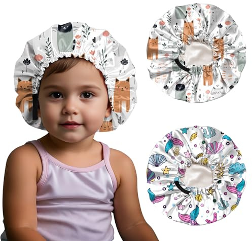 BHAHB 2 Stück Kinder Satinhaube Bonnets,Verstellbares mit Elastisch Doppelschichtiges Satin haarhaube,Niedlich Design für Junge und Mädchen
