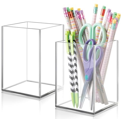 DARUITE 2 Pack Acrylic Pen Pot, Square Pen Holder for Desk, Clear Make Up Brush Holder, Desktop Stationary Organiser Pencil Pot for School, Home, Office, Kitchen