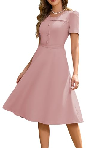 Wedtrend Robe vintage des années 1950 pour femme, robe d'église modeste avec poches, robe de cocktail trapèze à manches courtes pour le thé, rose poudré, Taille M