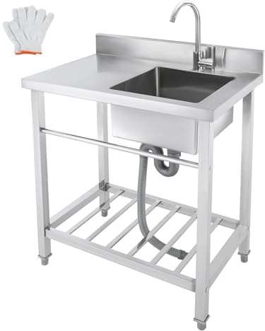 Spüle mit Unterschrank 80x55x84cm Edelstahl Waschtisch Outdoor 100kg Tragfähigkeit Spültisch Freistehende Spüle Samping Spüle mit Wasserhahn 360° Camping Waschbecken Spülbecken 8cm Spritzwand