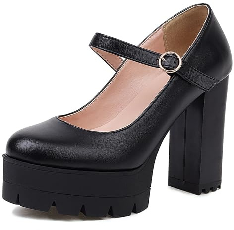 LarDorLin Tacco Chunky Mary Jane Plateau Donna Scarpe Punta Rotonda Estate Moda Tacco Alto a Blocco Pumps con Cinturino alla Caviglia Nero Numero 36.5 EU (37 CN)