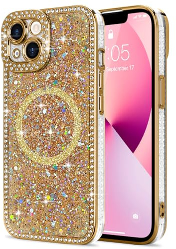 Lafunda Glitter Case for iPhone 13 Compatible with Magsafe, Sparkly Bling Diamonds Phone Case for Women Girls Soft TPU Slim Bumper Anti-Scratch Shockproof Magnetic Protective Cover-Gold