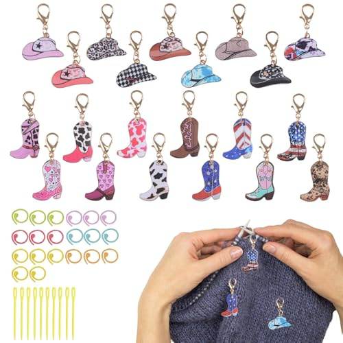 HICOHAND Western Cowboy Maschenmarkierer-Charms, Metalllegierung, Emaille, Western-Cowboy-Hüte, Stiefel, Häkeln, Stricken, Charm-Werkzeuge zum Weben, Nähen, für Damen, Erwachsene, DIY Handwerk