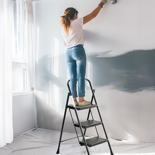 Scala pieghevole a 3 gradini in acciaio robusto con blocco di sicurezza, design ergonomico ed extra stabile, scala multiuso portatile per uso domestico e cucina