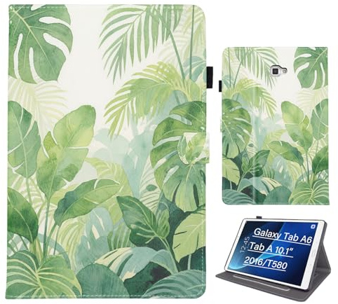Bemoloon PU Tablet Case for Samsung Galaxy Tab A 10.1 2016 A6/T580/T585 Vibrant Colors & Stylish Patterns, Protection Cover, Scratch-Resistant, Auto Wake/Sleep, Monstera