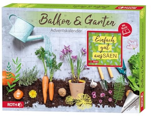 ROTH Balkon- & Garten-Adventskalender 2025, 24 Sämereien für Balkon, Terrasse oder Fensterbank mit Begleitbuch „Aussaat-Tipps & Bauernregeln“