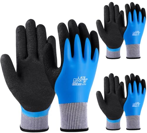 flintronic 100% Waaserdichte Arbeitshandschuhe, 3 Paar Wassdichte Handschuhe für Herren und Damen, Latex Beschichtet Handschuhe, Schutzhandschuhe für Garten Hof im Freien Arbeiten (Latex, M)
