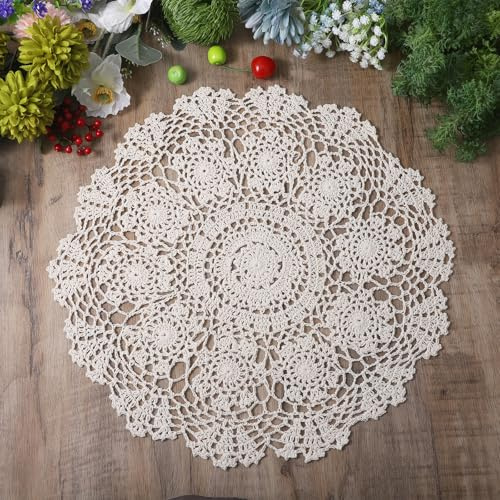 Crochet Lace Doilies for Tables, Vintage Crochet Doilies 15.35 Inch Lace Doilies for Furniture, Beige Decorative Doilies for Furniture, Placemat Table Doilie Overlay for Home Kitchen Dining Room