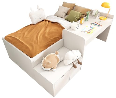 vutizal Platzsparendes Kinderbett 90x200cm Weiß – Massivholz Stauraumbett mit Schreibtisch & Schubladen, Jugendbett inkl. Lattenrost