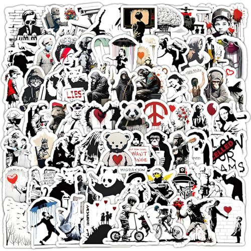 100 PCS Banksy Graffiti Schwarz und Weiß Stickers Set,Graffiti Sticker,Anime sticker,StickerWasserfest,Wasserfest für LaptopGepäck Auto Telefon Scrapbook Motorrad Fahrrad Koffer