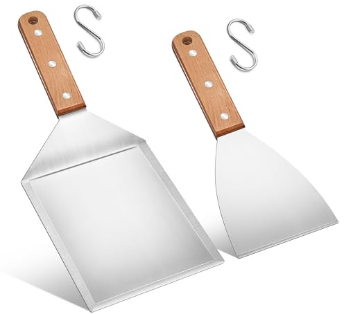 Herogo Stainless Steel Grill Wide Burger Spatula Set with Wooden Handle | Slant Edge Grill Scraper, BBQ Metal Grill Scraper Heavy Duty Barbecue Tool Set, Ideal for BBQ Grill and Flat Top