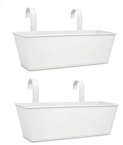 Yinhing Paquete de 2 Macetas Colgantes de Metal para Barandillas de Exterior, Macetero Rectangular Grande con Ganchos de Drenaje para Valla de Balcón y Porche, Color Blanco (Grande)