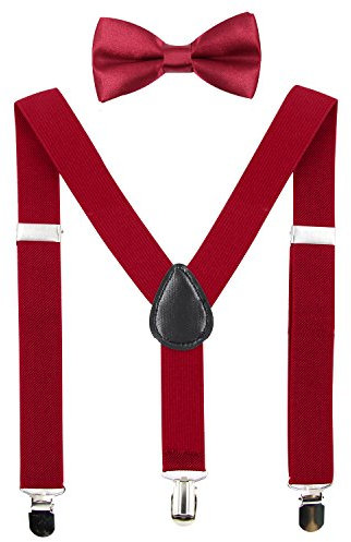 HANERDUN Unisex Hosenträger mit Fliege für Jungen und Mädchen, Befestigung mit drei Kleiderclipse am Hosenbund möglich, Weinrot, Einheitsgröße