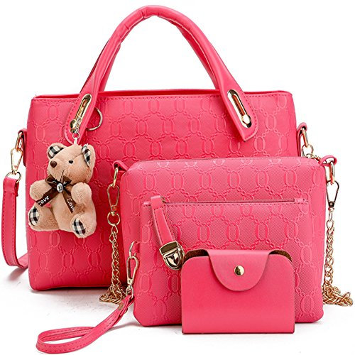 FiveloveTwo Femmes 4Pcs Sac À Épaule Bandoulière Clutches Pochettes Sac À Main PU Cuir Grand Fourre-Tout + Bourse + Sac à Bandoulière + Titulaire de la Carte Rose