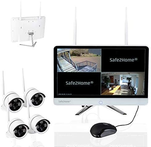 Safe2Home Funk Überwachungskamera Set 3TB deutsch - 8 Kanal 4X Full HD Cam – Kamera Set Monitor inkl Rekorder - Secure S1.0 - Speicher - innen außen - Funk Kameras 2,4 GhZ Nachtsicht