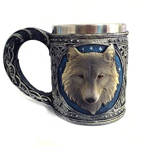 JEENIN Edelstahl Creative Mug, Wikinger Becher Resin 3D Kaffeetasse Freibeuter Travel Tea Wein Bierkrüge (Wolf)