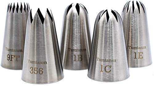 Tumtanm 5 Pack Extra Large Piping Nozzles, 9FT 1B 1C 1E 356# Seamless Stainless Steel Piping Icing Tips for Cupcake