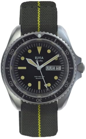 MWC Elvia Quarz Stahl Schwarz Grau Datum Gelb NATO Saphir Militär Herren Uhr