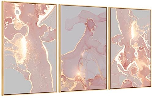MOUDAMION Pink and Rose Gold Wall Decor, Abstract Canvas Wall Art Aesthetic Luxury Framed Wall Painting Picture Glitter Gold Blush Marble Print Artwork for Living Room Bedroom Kitchen Bathroom Office